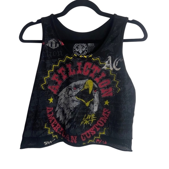 Affliction Tops - Affliction Women’s Size Small Cropped Tank Top Eagle Graphic Mesh Hem Black Y2K